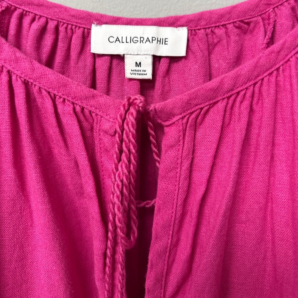 NWT Calligraphie Linen Blend Blouse Womens M Pink Boho Peasant Tassel Crochet - Picture 3 of 7